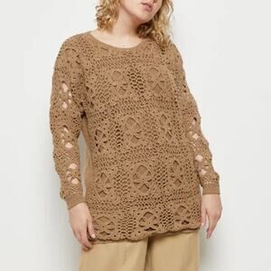 All Points by Reference Point Crochet Knit Front Sweater Round Neck Tan Womens M